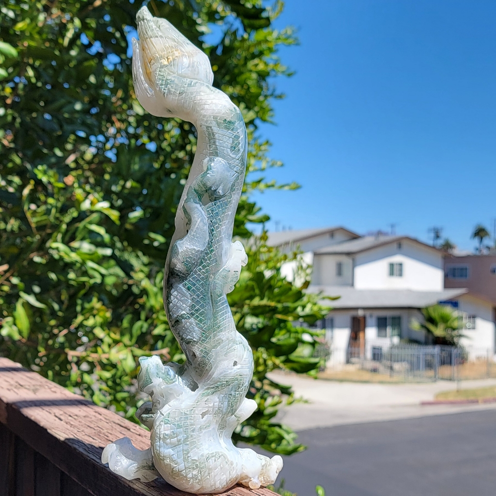 New 13" Moss Agate Dragon